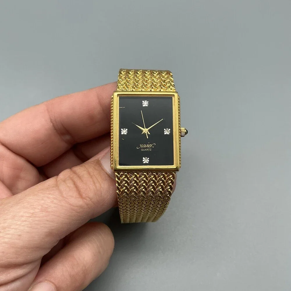 Xavier Womens Watch 25mm Black Dial Gold Tone Bracelet Gem Markers New Battery